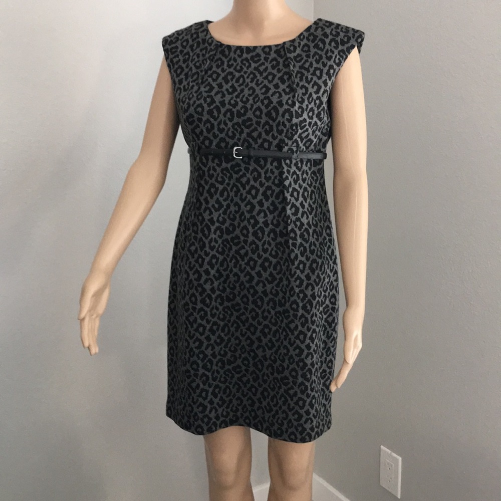 Calvin Klein black grey leopard print leather belt short sleeves dress